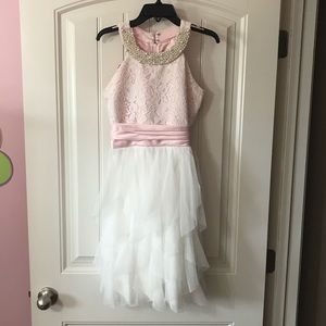 Rare Editions Pink and White Lace & Tulle Formal Dress with Pearl Collar